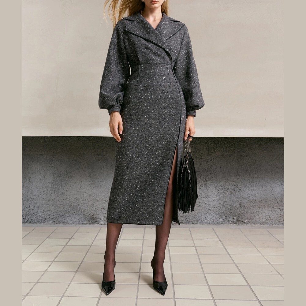 Charcoal Gray Tweed Lapel Wrap Front Balloon Sleeve Midi Dress